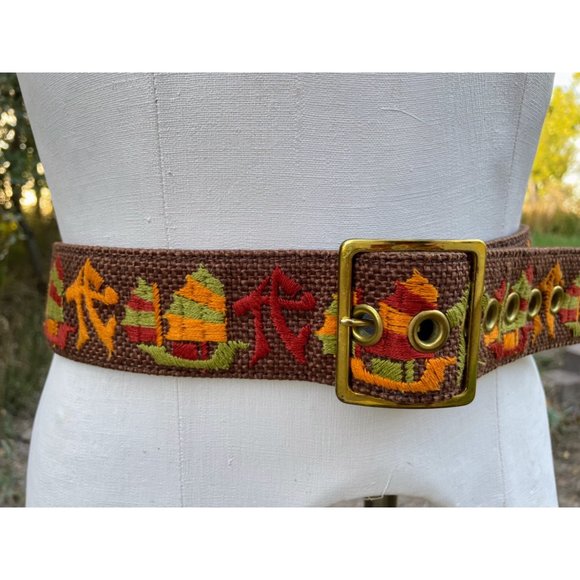 Vintage Burlap Wide Belt Chinese Embroidered Letters Ships Sz 36"-41" - Picture 11 of 14